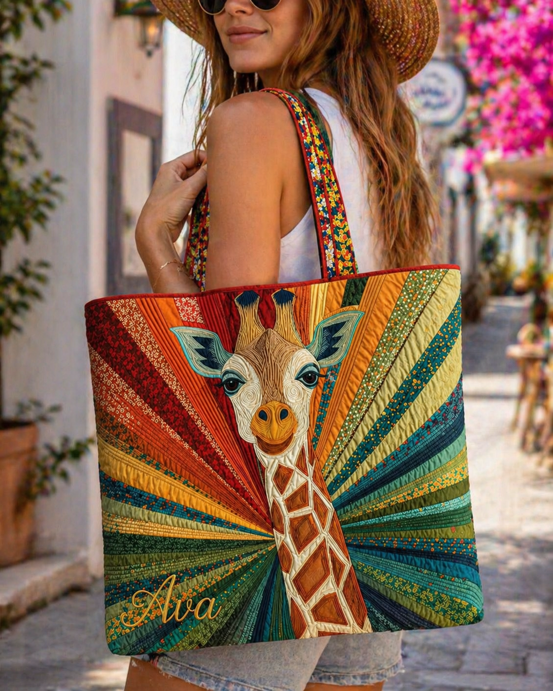 Giraffe Quilted Tote Bag, Giraffe Shoulder Bag, Animal Tote, Gift for Women QTOTE15