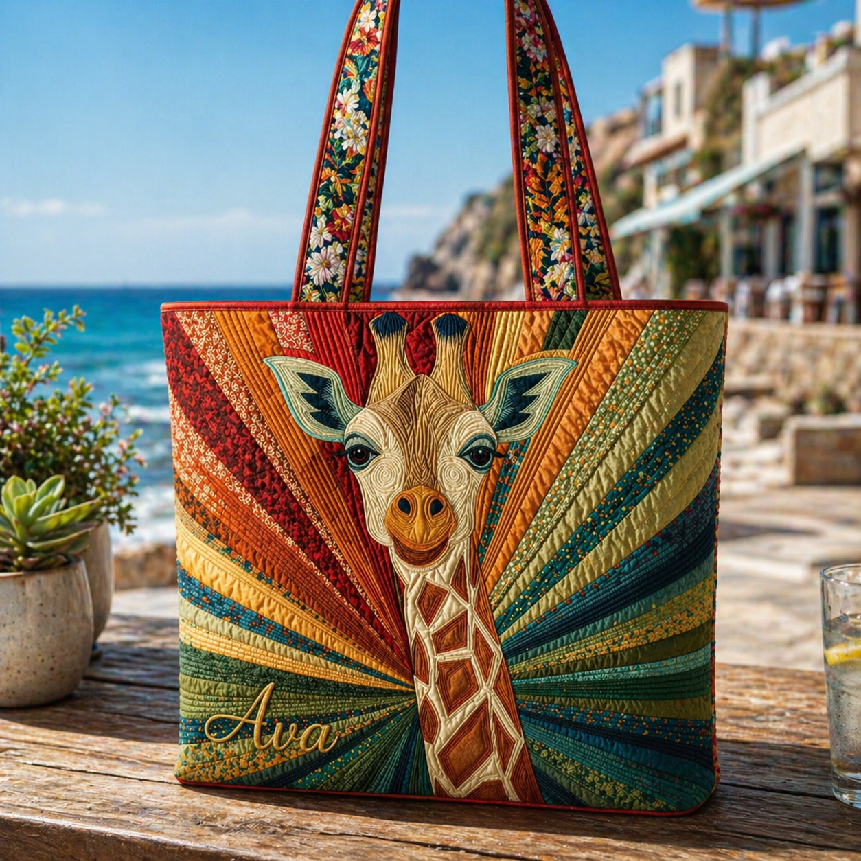 Giraffe Quilted Tote Bag, Giraffe Shoulder Bag, Animal Tote, Gift for Women QTOTE15