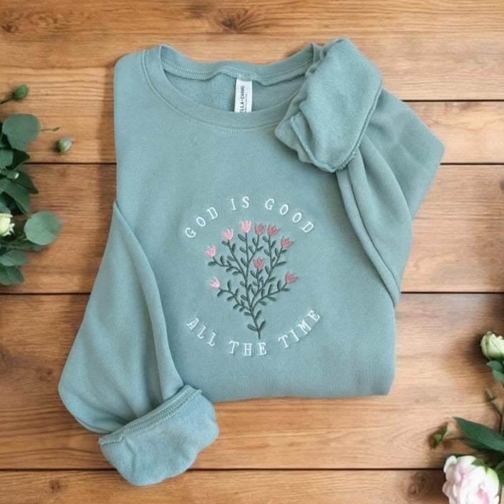 God Is Good Floral Embroidered Sweatshirt, Faith Embroidered Sweatshirt, Christian Clothes, Custom Embroidered Sweatshirt