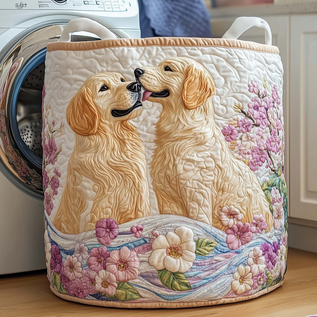 Cute Golden Bond Pattern Quilted Laundry Basket, Dog Storage Hamper, Laundry Bin, Custom Name Nursery Organizer, Fabric Clothes Basket QBK18