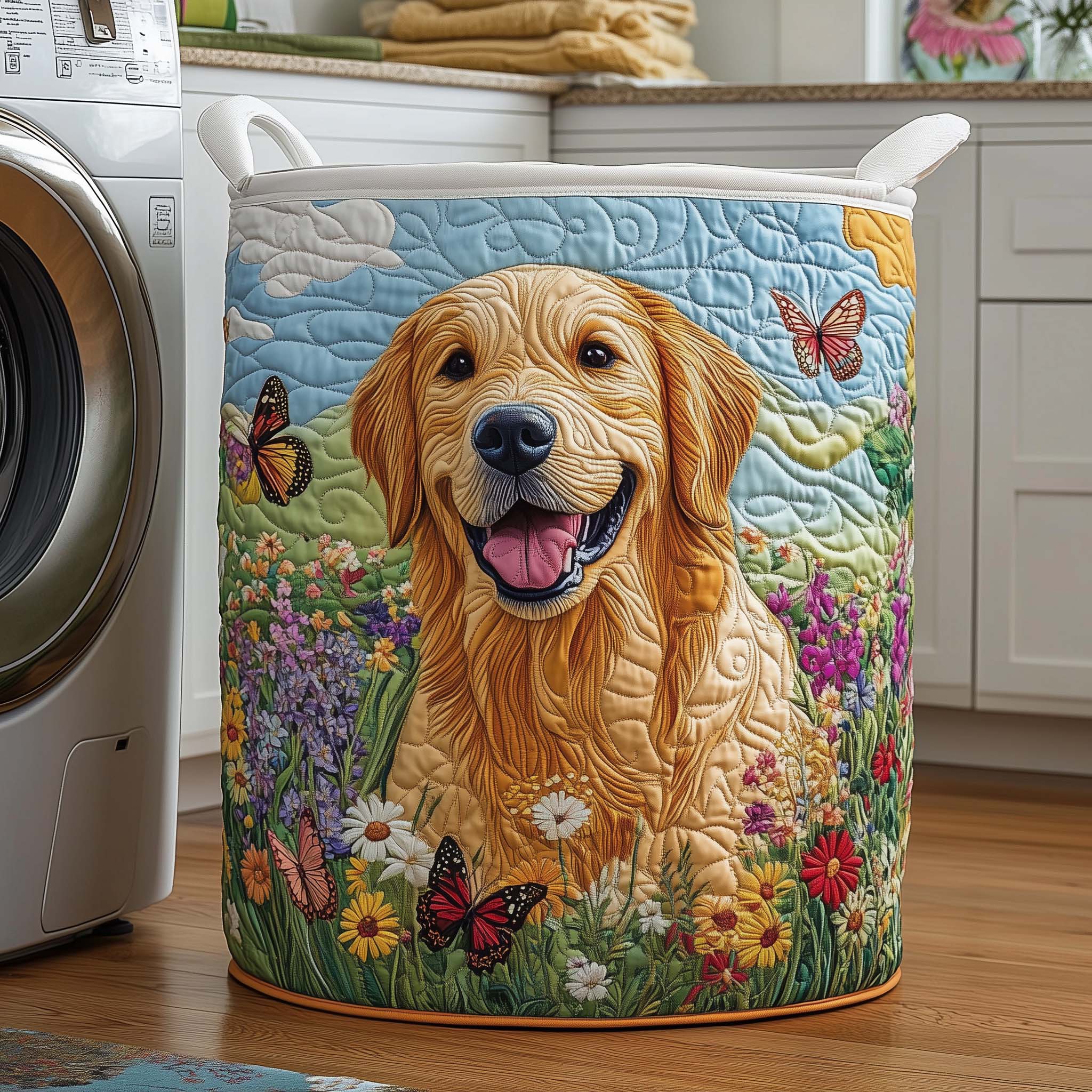 Cute Golden Retriever Floral Quilted Laundry Basket, Dog Storage Hamper, Laundry Bin, Custom Name Nursery Organizer, Fabric Clothes Basket QBK19