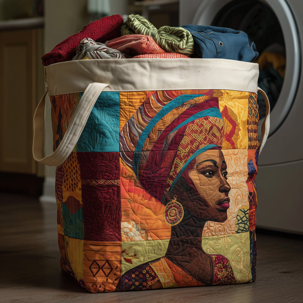 African Woman Quilted Laundry Basket, Black Queen Patchwork Storage Hamper, Laundry Bin, Custom Name Nursery Organizer, Fabric Clothes Basket QBK20