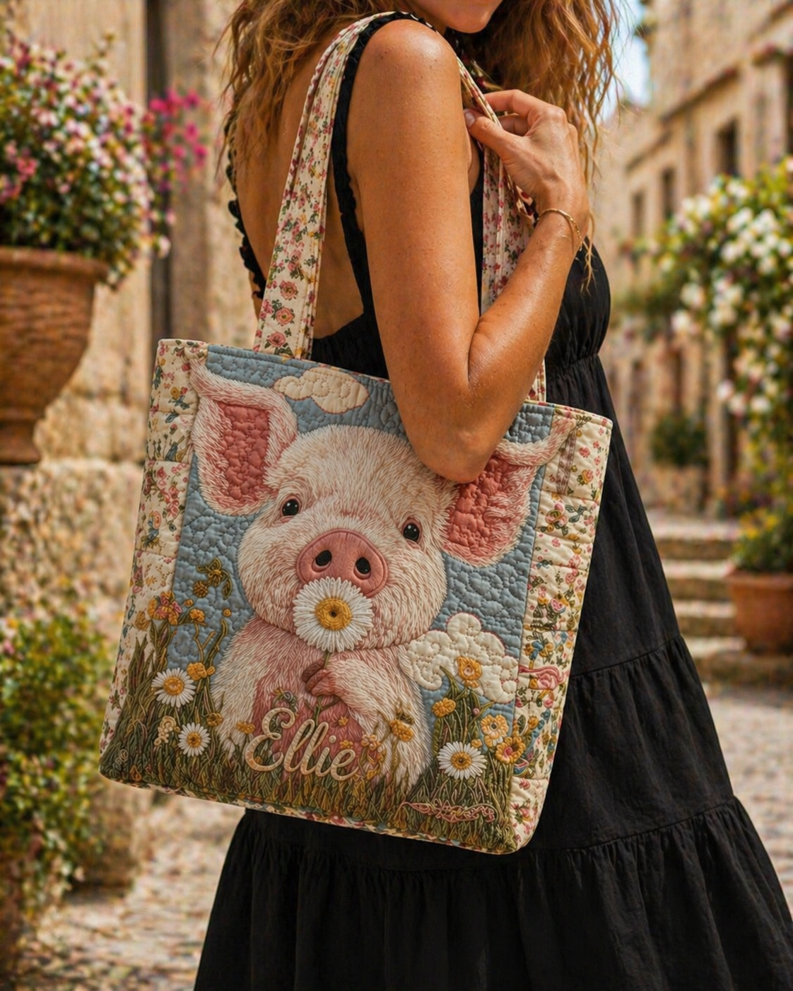 Happy Piggies Quilted Tote Bag, Farm Shoulder Bag, Animal Tote, Gift for Women QTOTE16