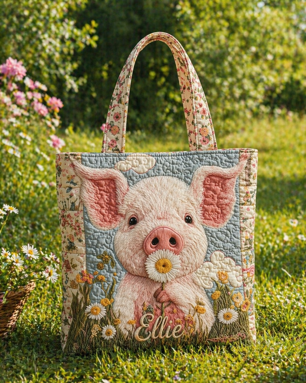 Happy Piggies Quilted Tote Bag, Farm Shoulder Bag, Animal Tote, Gift for Women QTOTE16
