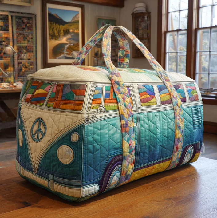 Hippie Van Quilted Duffle Bag for Women, Retro Camper Van Travel Weekender Tote