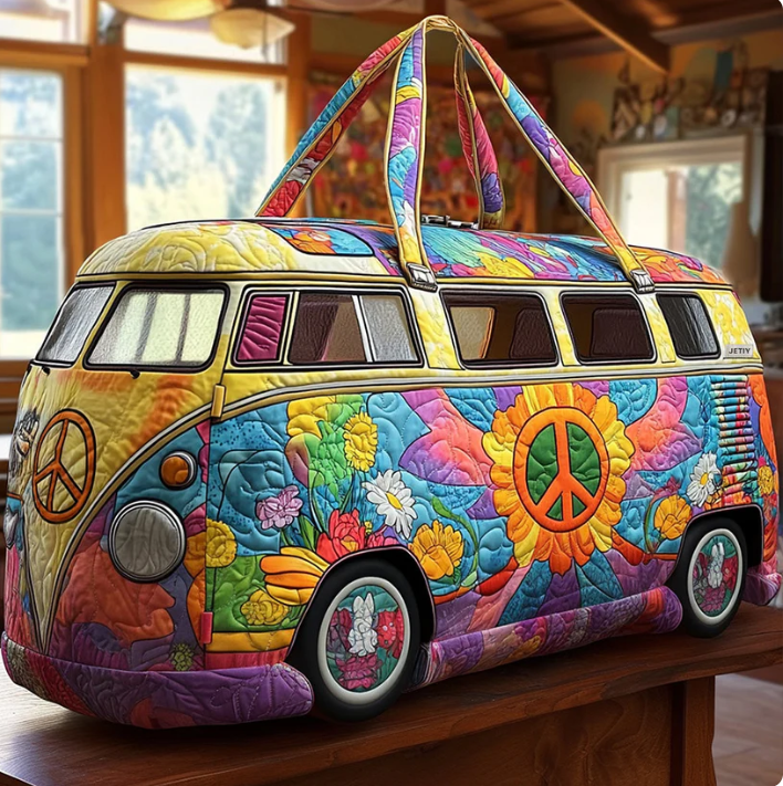 Hippie Van Quilted Duffle Bag, Quilted Camper Van Weekender Tote for Women