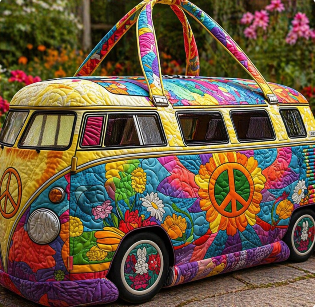 Hippie Van Quilted Duffle Bag, Quilted Camper Van Weekender Tote for Women