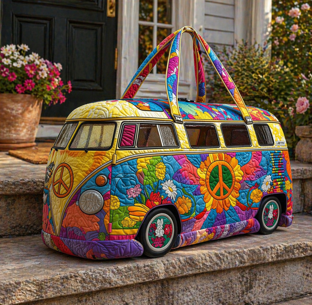 Hippie Van Quilted Duffle Bag, Quilted Camper Van Weekender Tote for Women