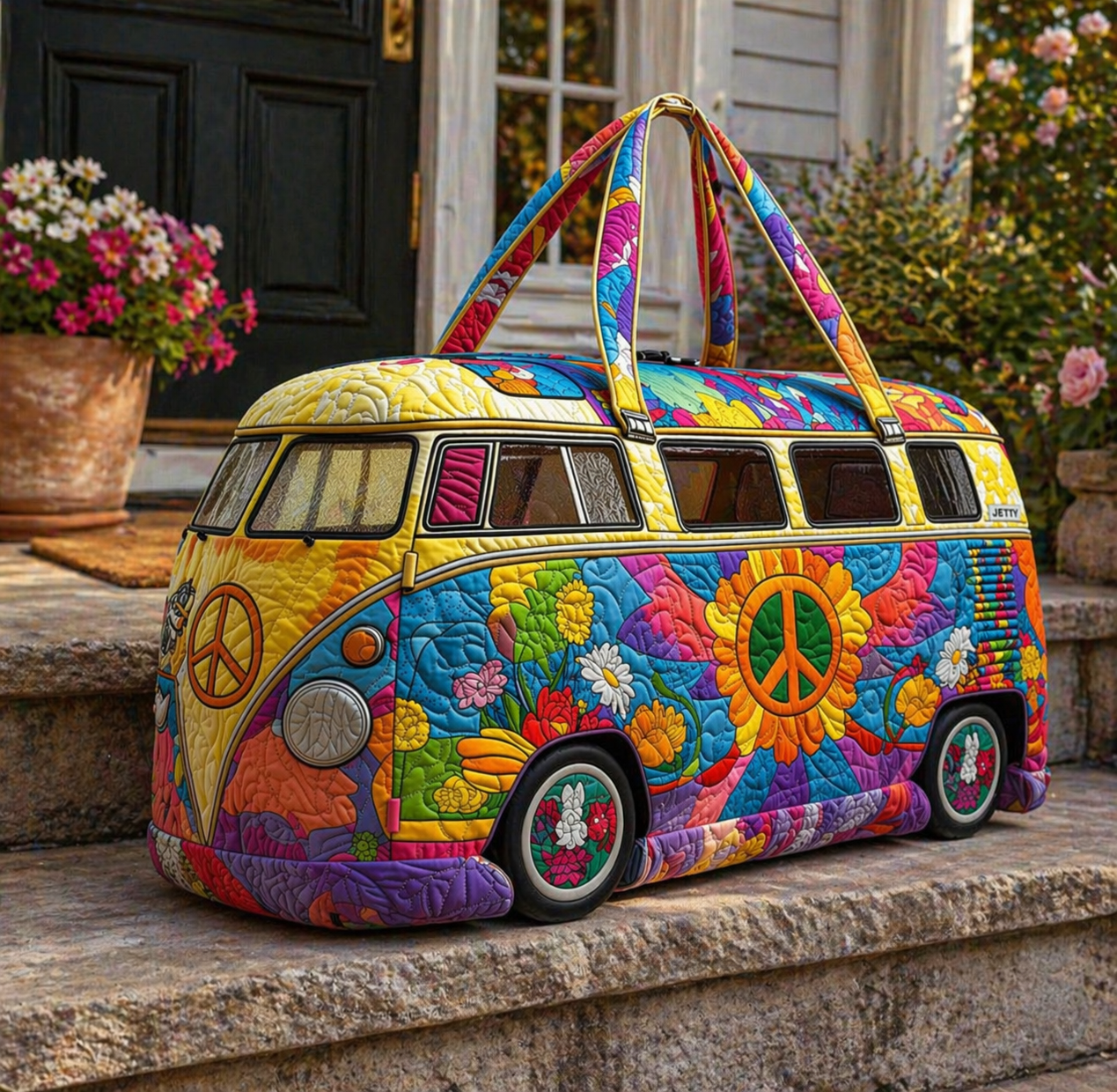 Hippie Van Quilted Duffle Bag, Quilted Camper Van Weekender Tote for Women