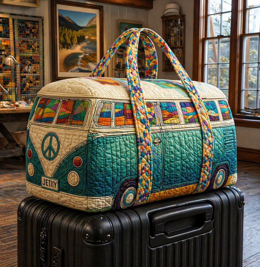 Hippie Van Quilted Duffle Bag for Women, Retro Camper Van Travel Weekender Tote