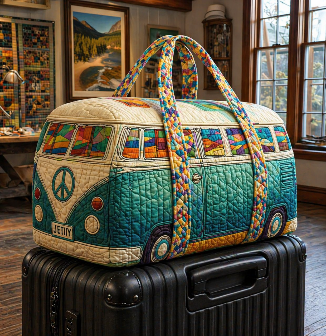 Hippie Van Quilted Duffle Bag for Women, Retro Camper Van Travel Weekender Tote
