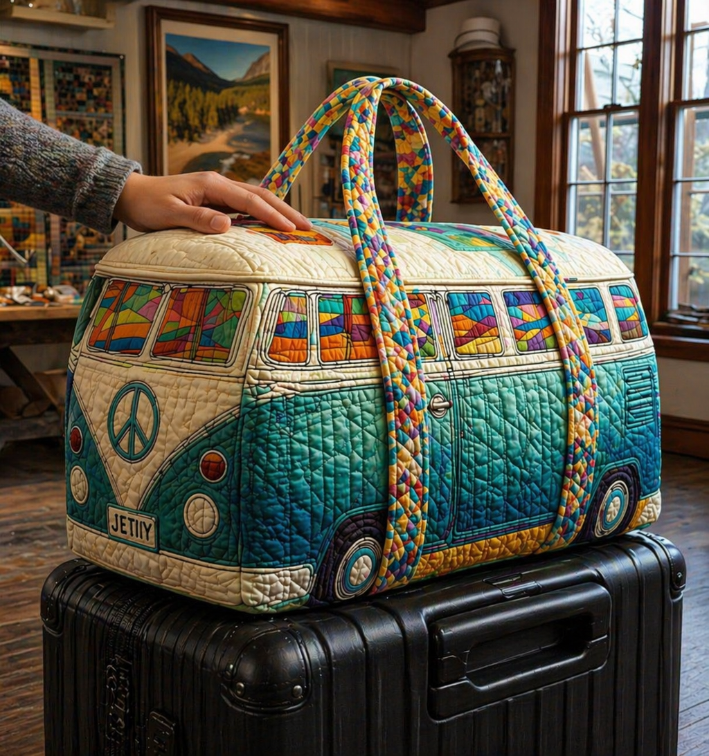 Hippie Van Quilted Duffle Bag for Women, Retro Camper Van Travel Weekender Tote