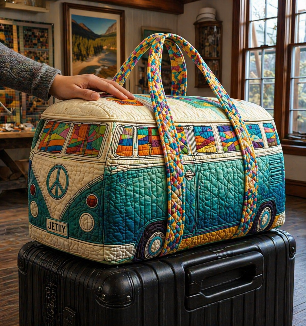 Hippie Van Quilted Duffle Bag for Women, Retro Camper Van Travel Weekender Tote