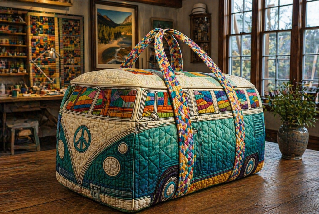 Hippie Van Quilted Duffle Bag for Women, Retro Camper Van Travel Weekender Tote