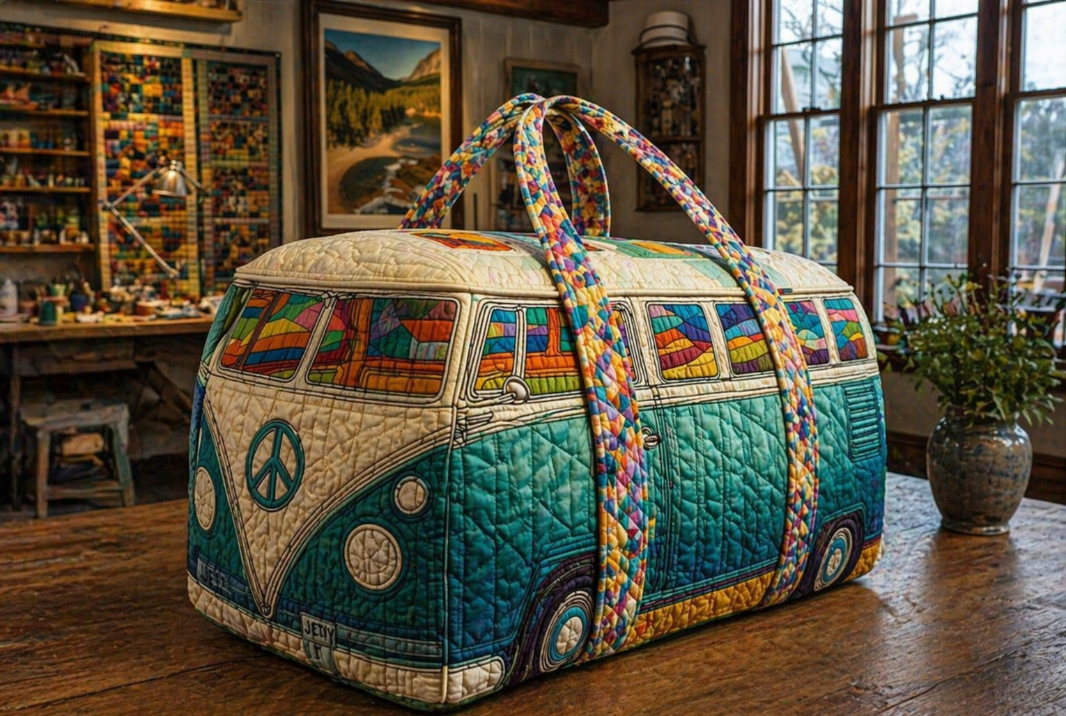 Hippie Van Quilted Duffle Bag for Women, Retro Camper Van Travel Weekender Tote