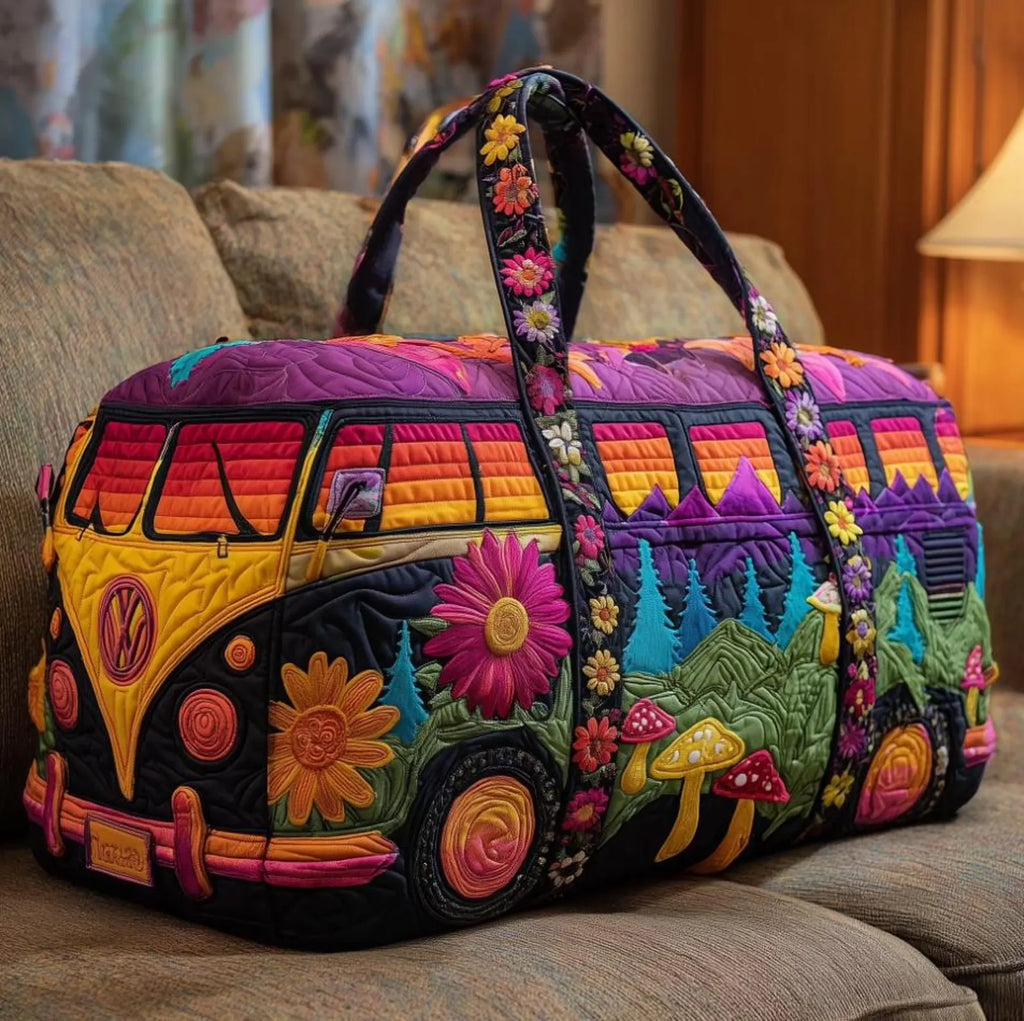 Retro Hippie Van Quilted Duffle Bag, Boho Floral Weekender Bag for Women