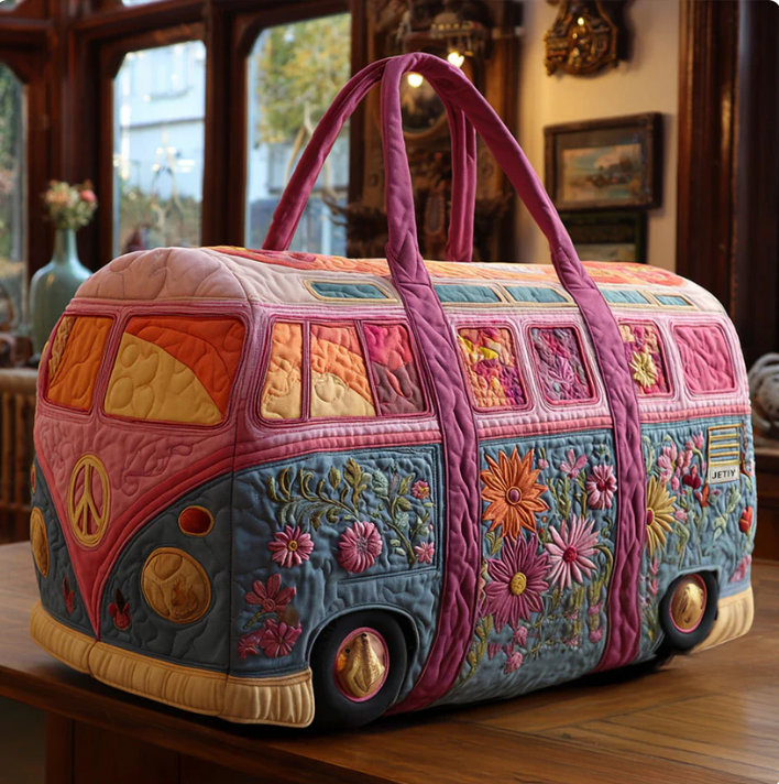 Hippie Van Quilted Duffle Bag, Retro Boho Weekender Bag, Floral Camper Van Travel Tote for Women