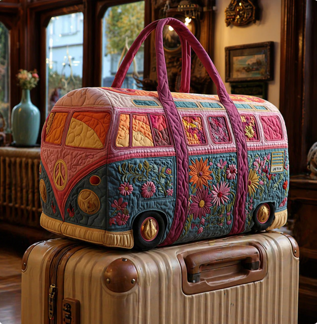 Hippie Van Quilted Duffle Bag, Retro Boho Weekender Bag, Floral Camper Van Travel Tote for Women