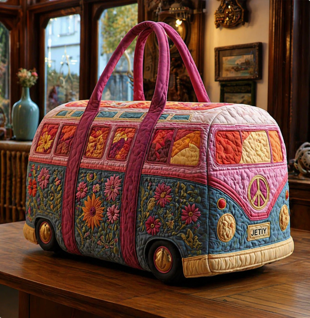 Hippie Van Quilted Duffle Bag, Retro Boho Weekender Bag, Floral Camper Van Travel Tote for Women