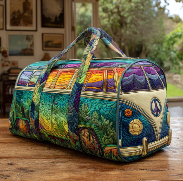 Hippie Van Quilted Duffle Bag, Boho Travel Duffel for Women