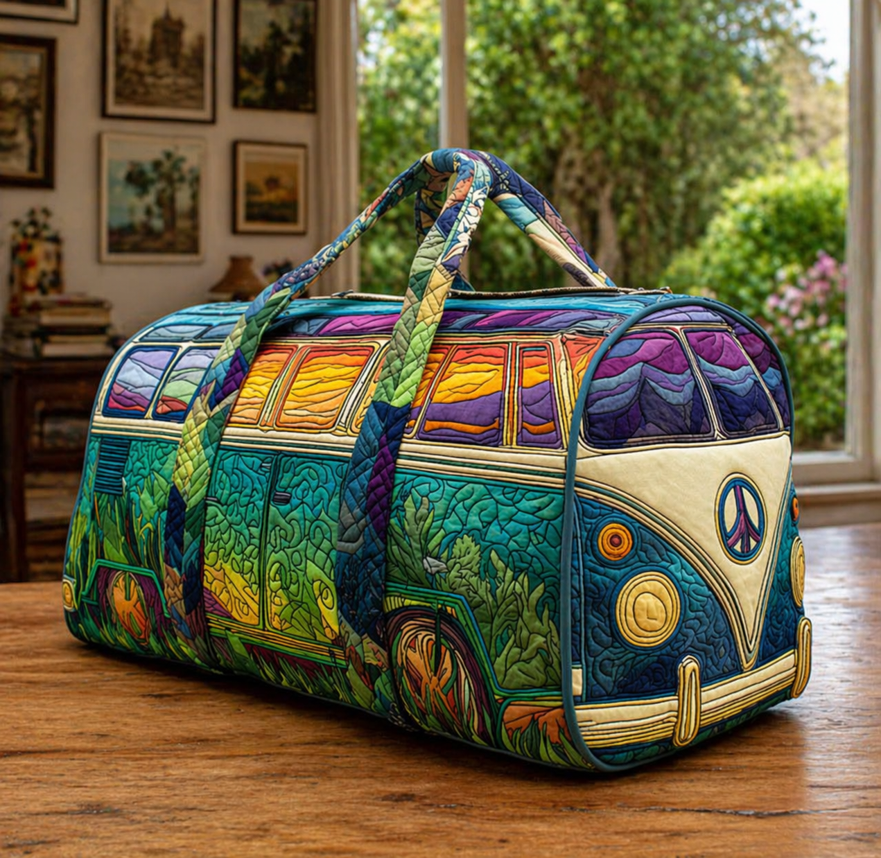 Hippie Van Quilted Duffle Bag, Boho Travel Duffel for Women
