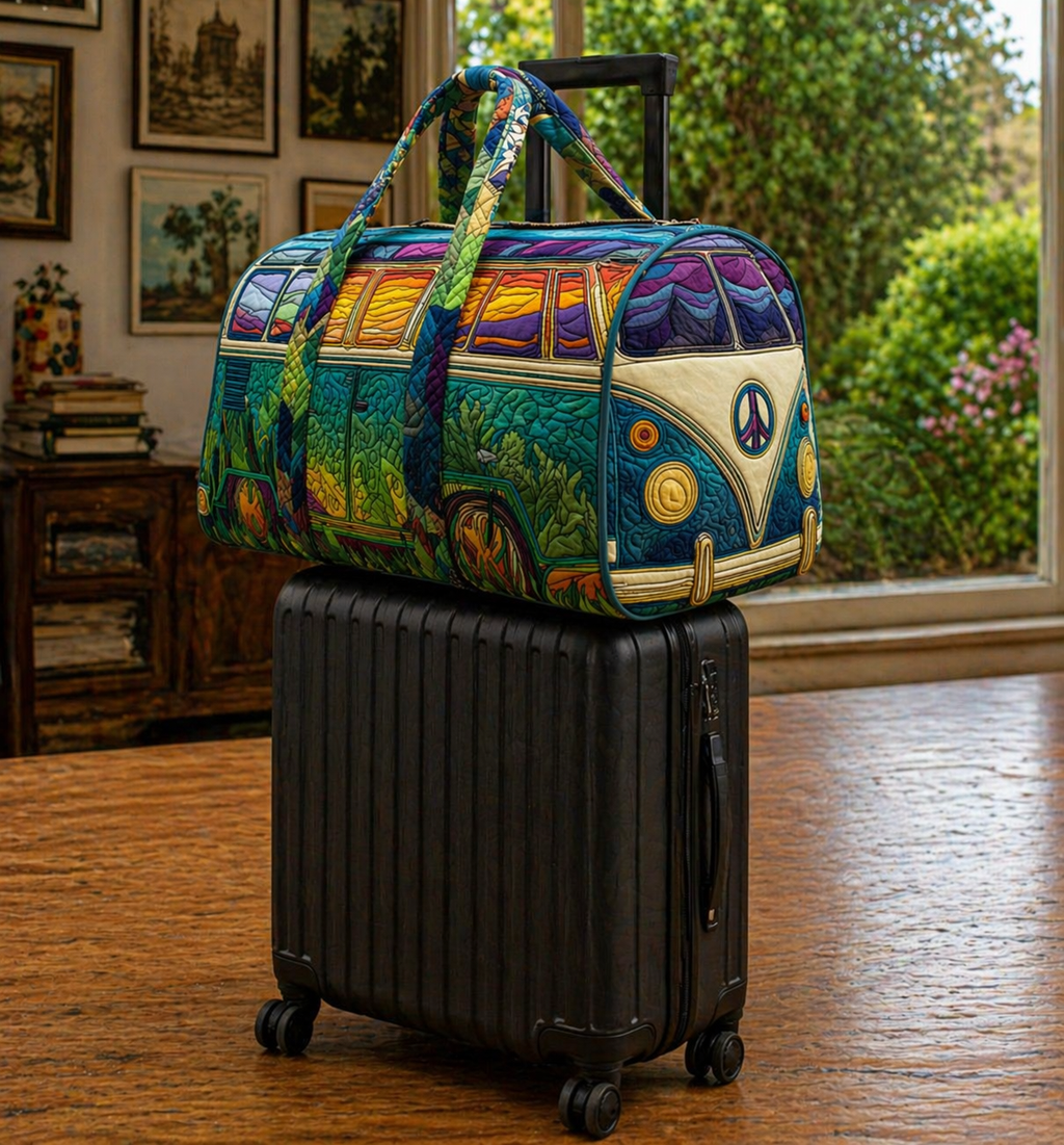 Hippie Van Quilted Duffle Bag, Boho Travel Duffel for Women
