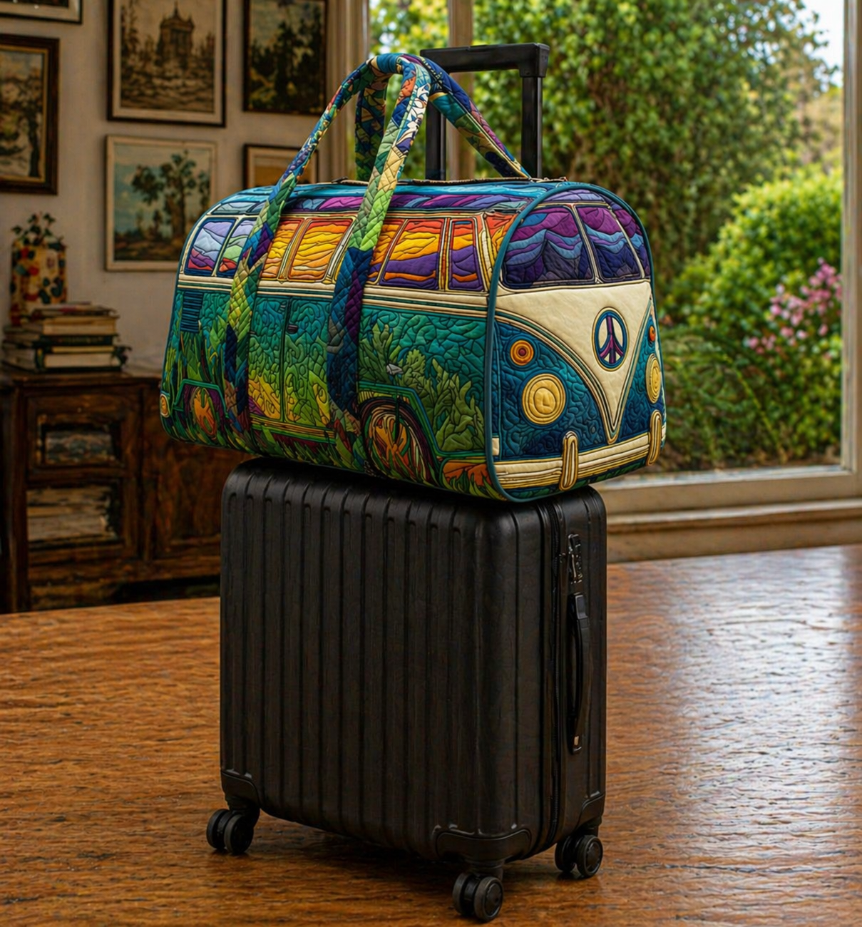 Hippie Van Quilted Duffle Bag, Boho Travel Duffel for Women