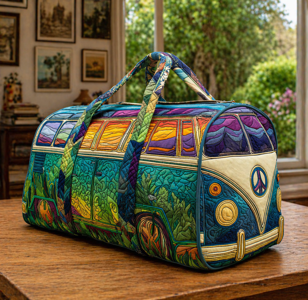 Hippie Van Quilted Duffle Bag, Boho Travel Duffel for Women