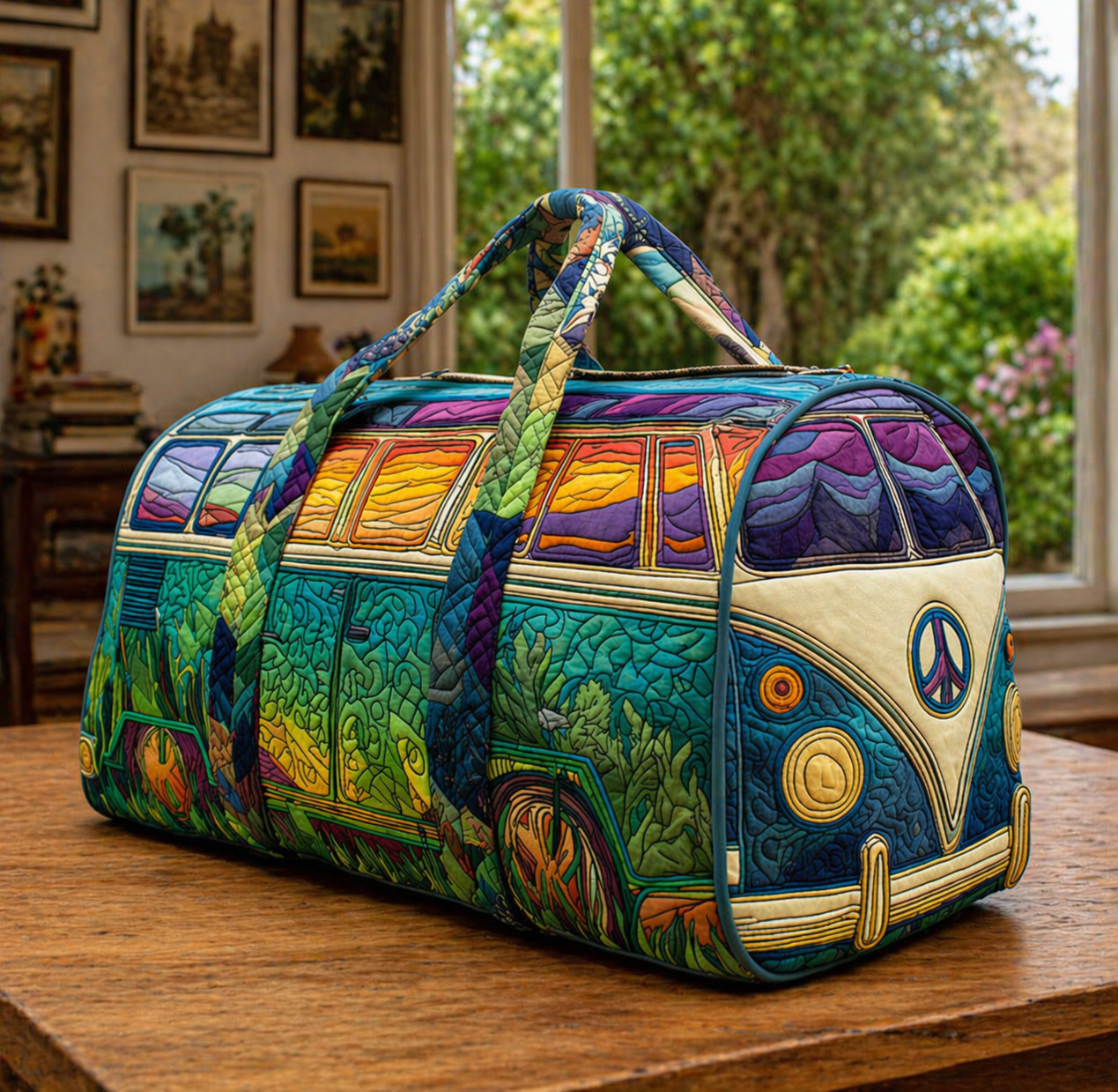 Hippie Van Quilted Duffle Bag, Boho Travel Duffel for Women