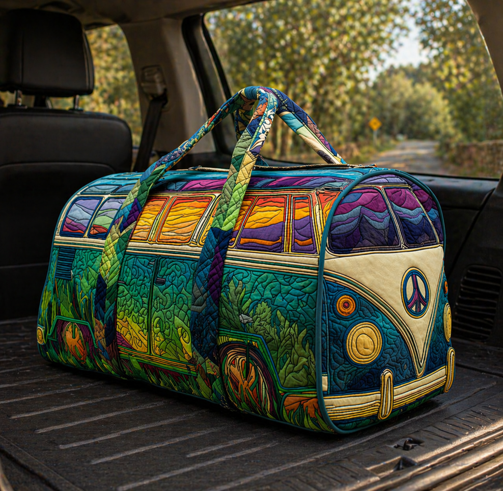 Hippie Van Quilted Duffle Bag, Boho Travel Duffel for Women