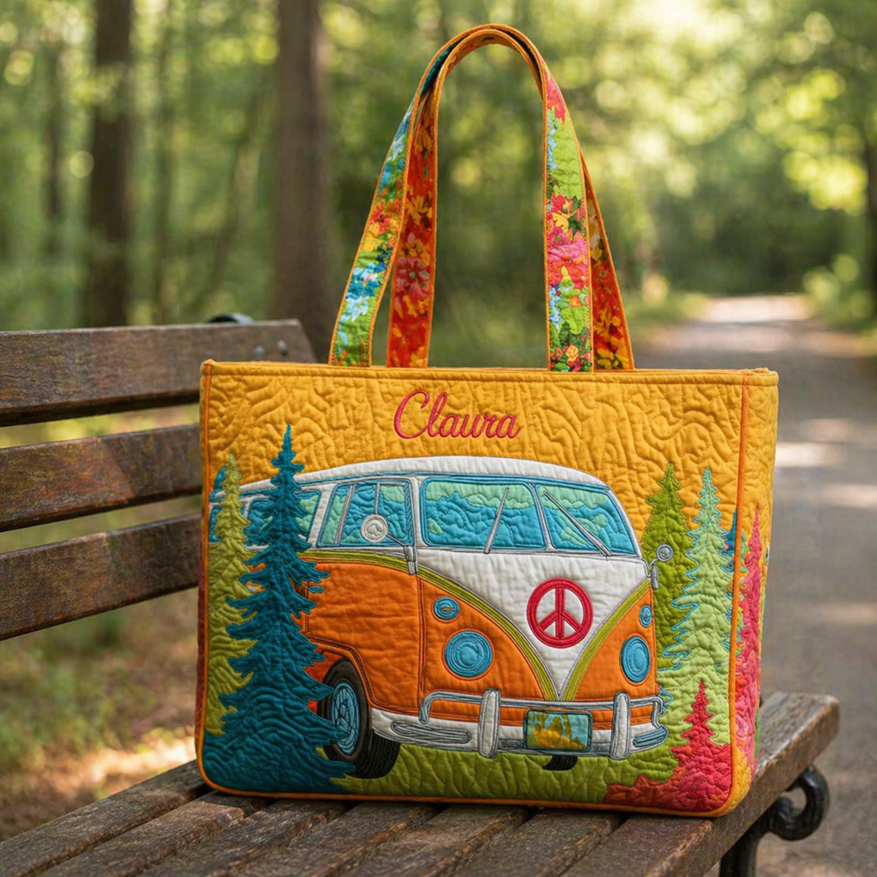 Personalized Hippie Van Quilted Tote Bag, Custom Name Retro Camper Shoulder Bag, Vintage VW Bus Tote, Colorful Travel Gift for Women QTOTE17