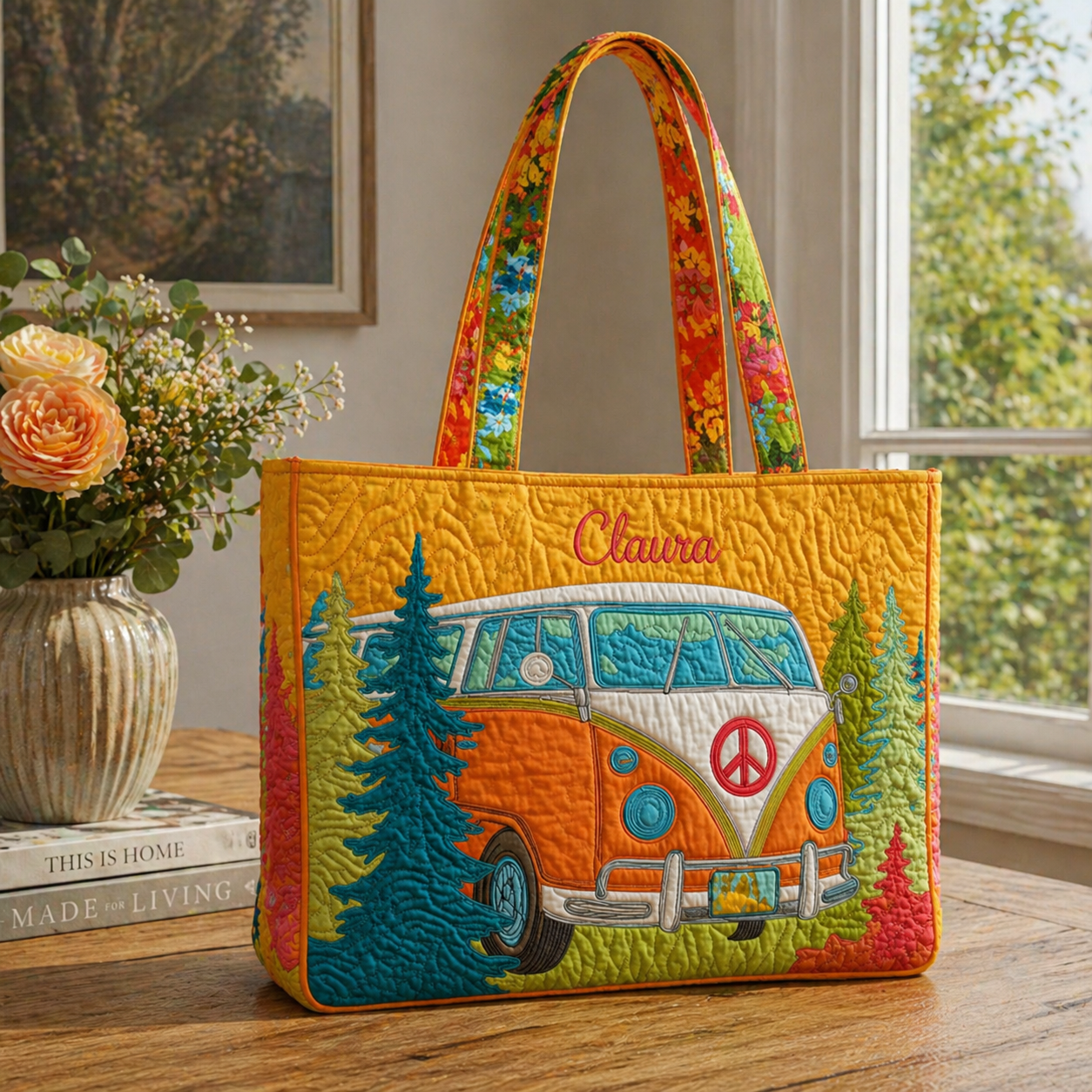 Personalized Hippie Van Quilted Tote Bag, Custom Name Retro Camper Shoulder Bag, Vintage VW Bus Tote, Colorful Travel Gift for Women QTOTE17