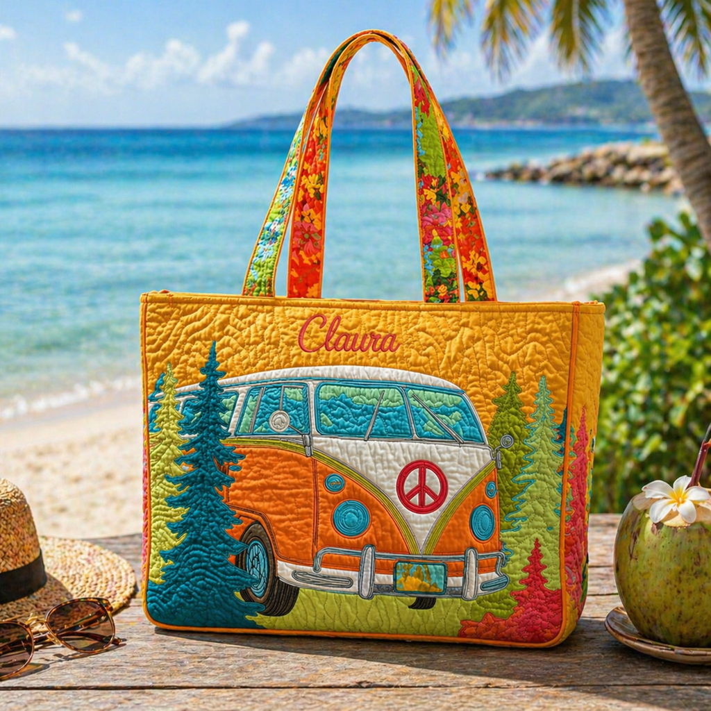 Personalized Hippie Van Quilted Tote Bag, Custom Name Retro Camper Shoulder Bag, Vintage VW Bus Tote, Colorful Travel Gift for Women QTOTE17