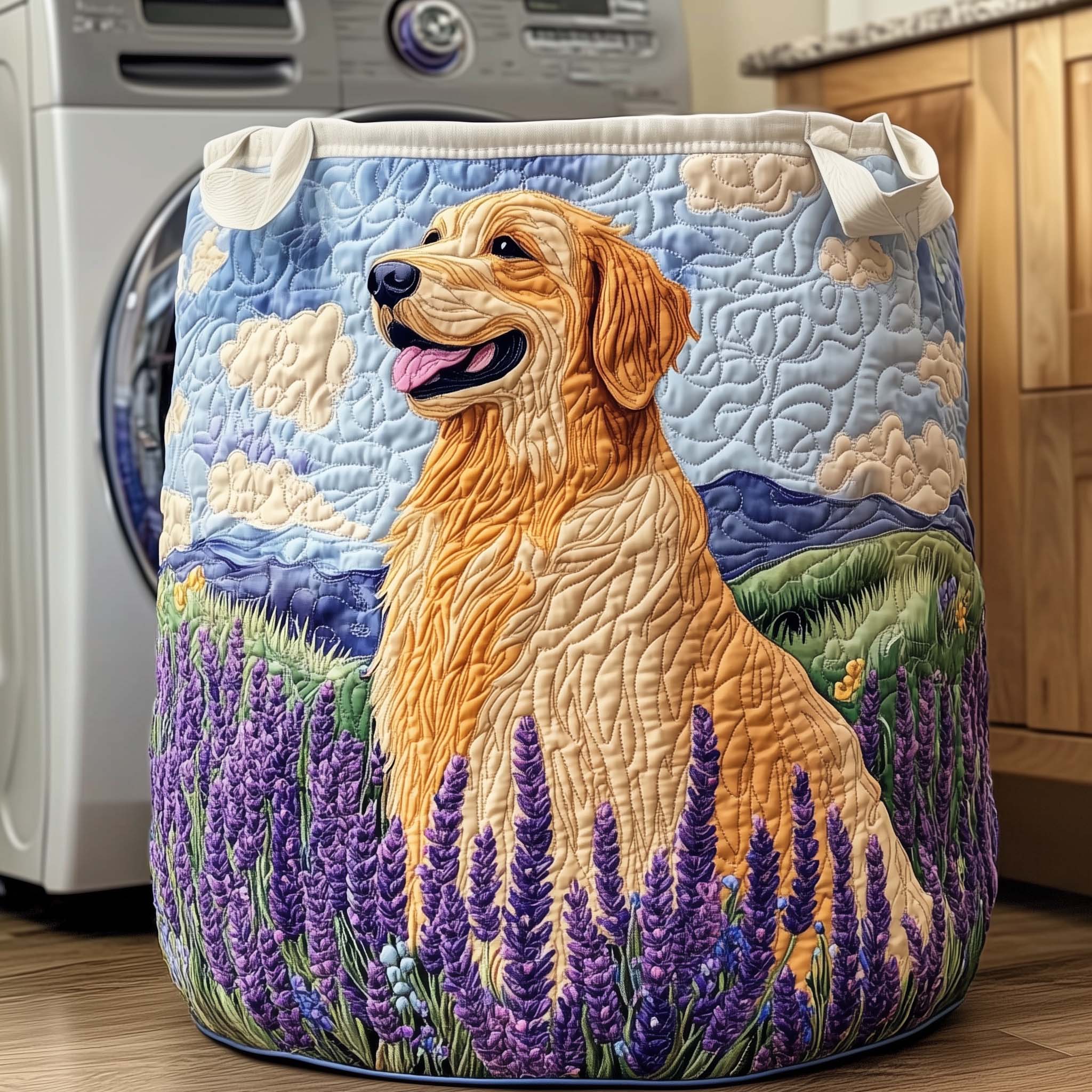 Lavender Golden Quilted Laundry Basket, Dog Floral Storage Hamper, Laundry Bin, Custom Name Nursery Organizer, Fabric Clothes Basket QBK22