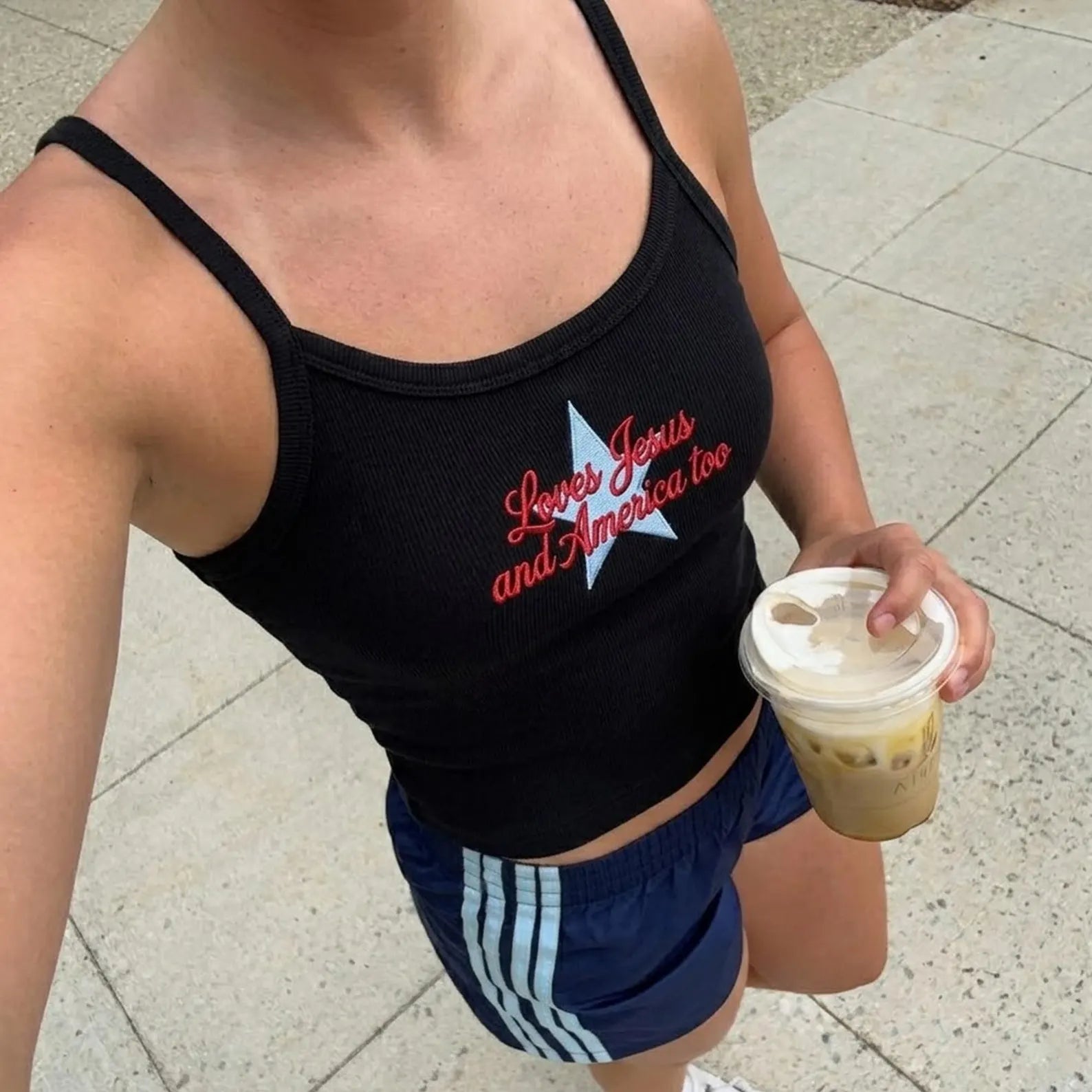Loves Jesus And America Too Embroidered Tank Top, Christian 4th of July Shirt, Patriotic Strap Tank, Faith Summer Cami