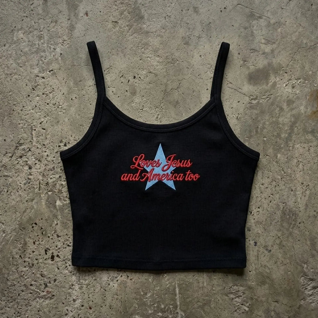 Loves Jesus And America Too Embroidered Tank Top, Christian 4th of July Shirt, Patriotic Strap Tank, Faith Summer Cami