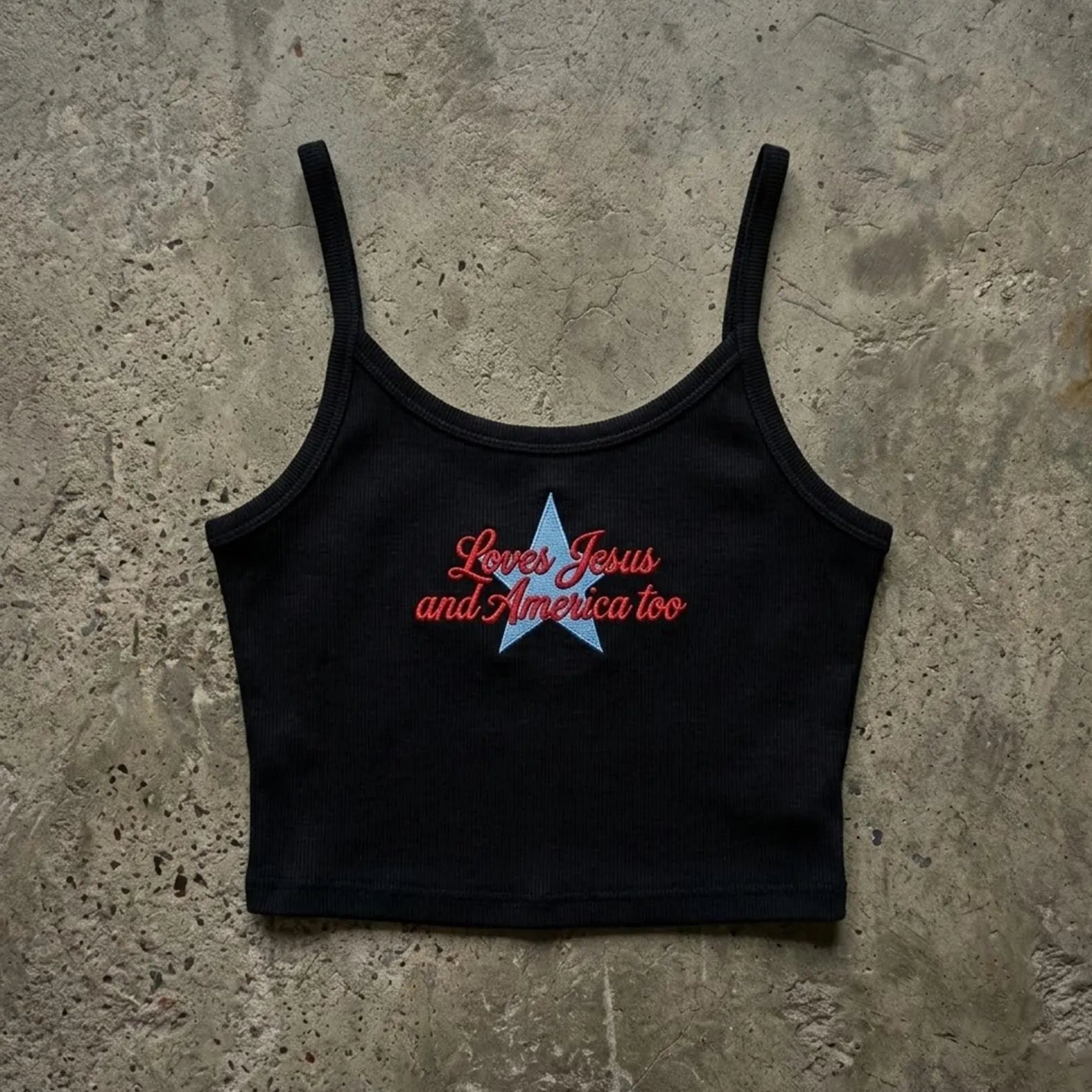 Loves Jesus And America Too Embroidered Tank Top, Christian 4th of July Shirt, Patriotic Strap Tank, Faith Summer Cami