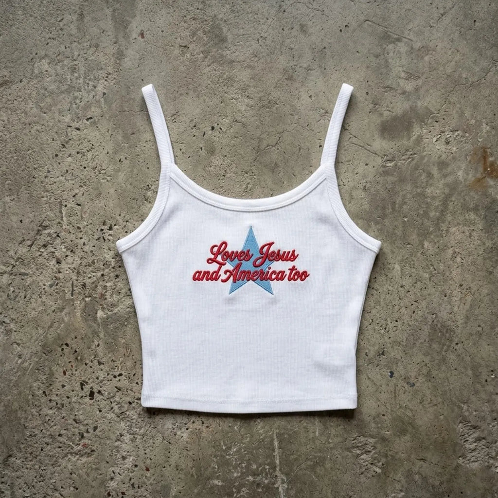 Loves Jesus And America Too Embroidered Tank Top, Christian 4th of July Shirt, Patriotic Strap Tank, Faith Summer Cami