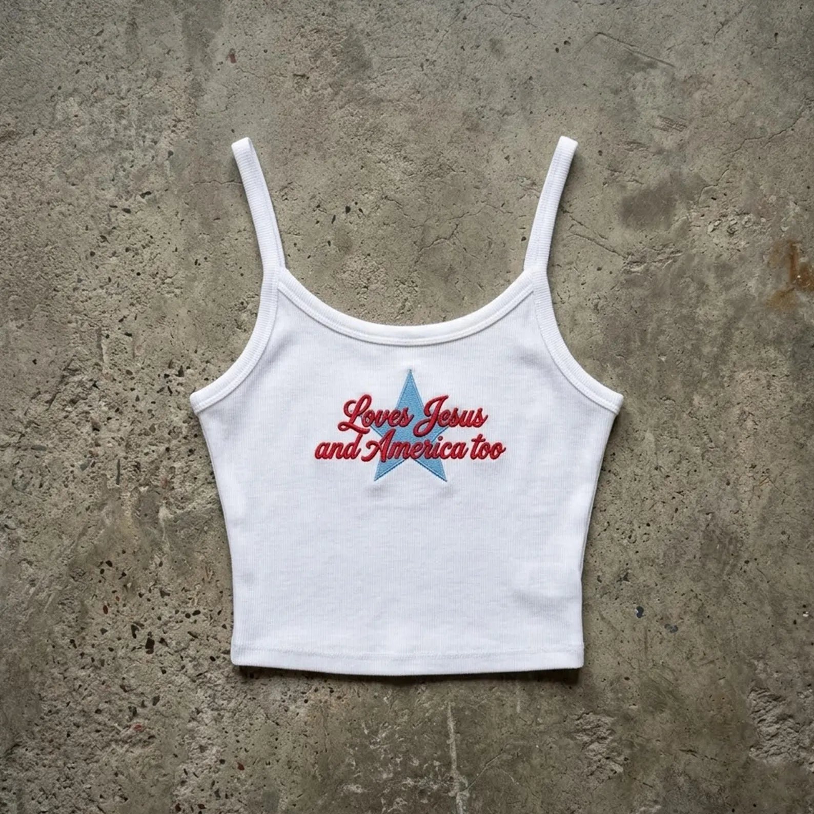 Loves Jesus And America Too Embroidered Tank Top, Christian 4th of July Shirt, Patriotic Strap Tank, Faith Summer Cami