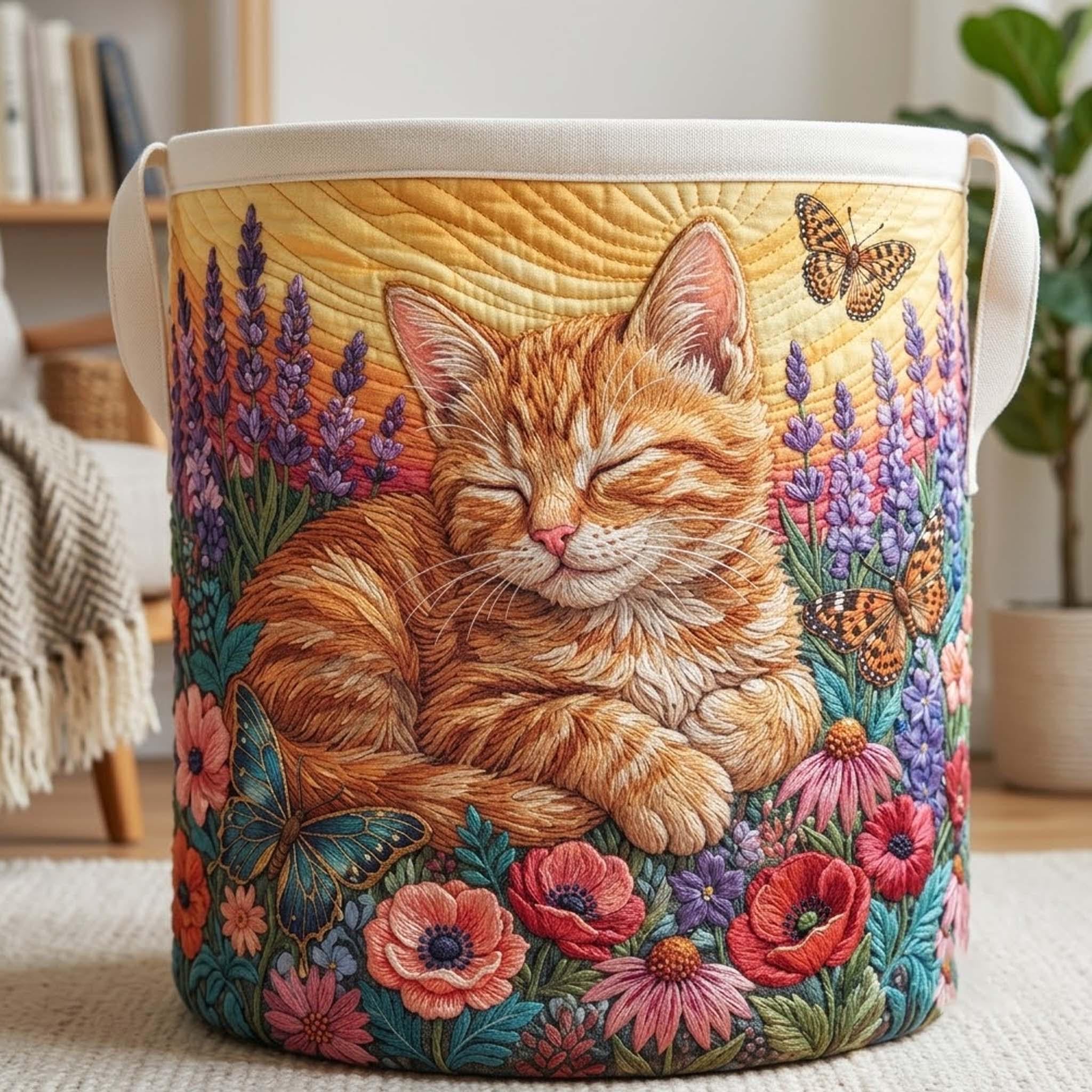 Floral Cat Quilted Laundry Basket, Cute Cats Storage Hamper, Laundry Bin, Custom Name Nursery Organizer, Fabric Clothes Basket QBK08
