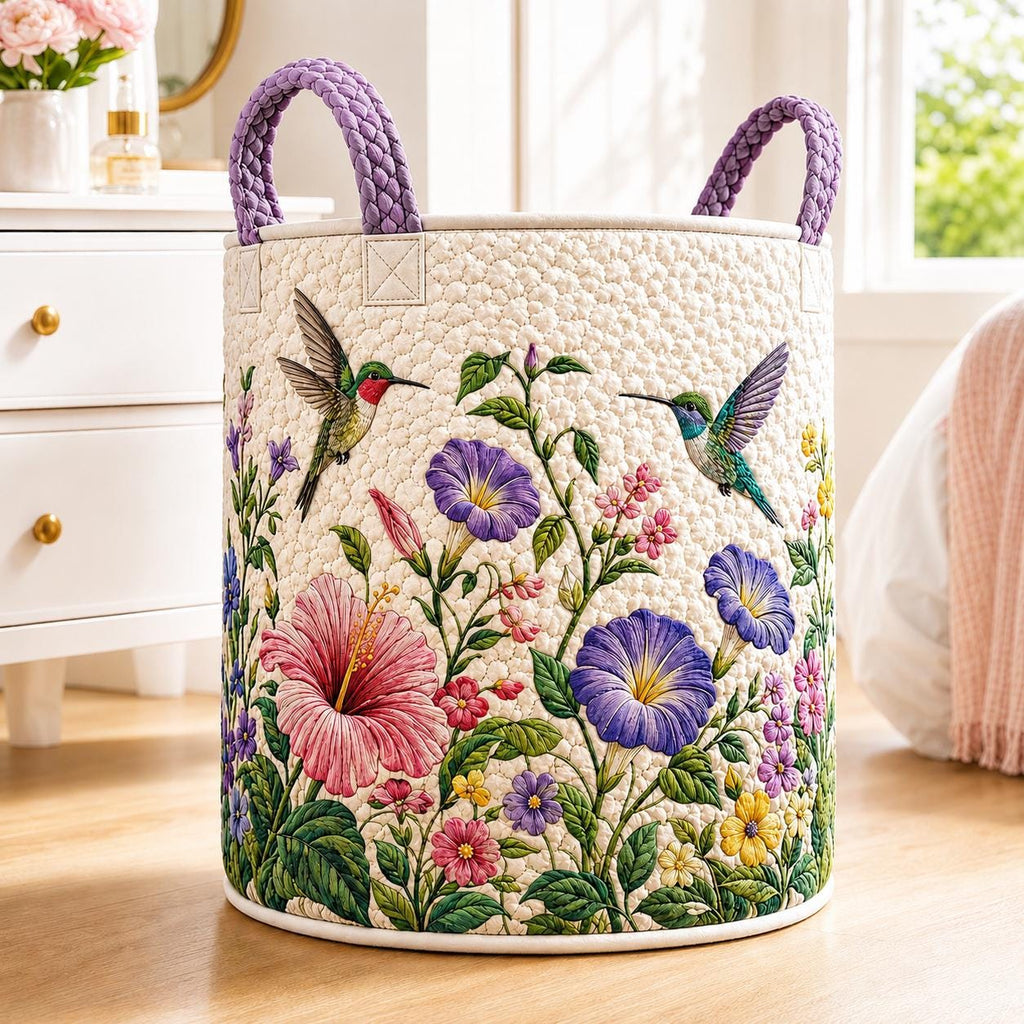Hummingbird Floral Quilted Laundry Basket, Hummingbird Storage Hamper, Laundry Bin, Custom Name Home Organizer, Housewarming Gift, Fabric Clothes Basket QBK25