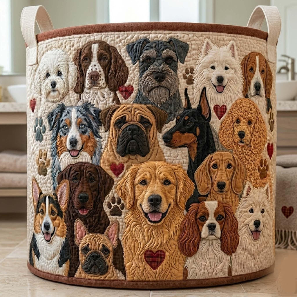 Dogs Pattern Quilted Laundry Basket, Dog Storage Hamper, Laundry Bin, Custom Name Nursery Organizer, Fabric Clothes Basket QBK11