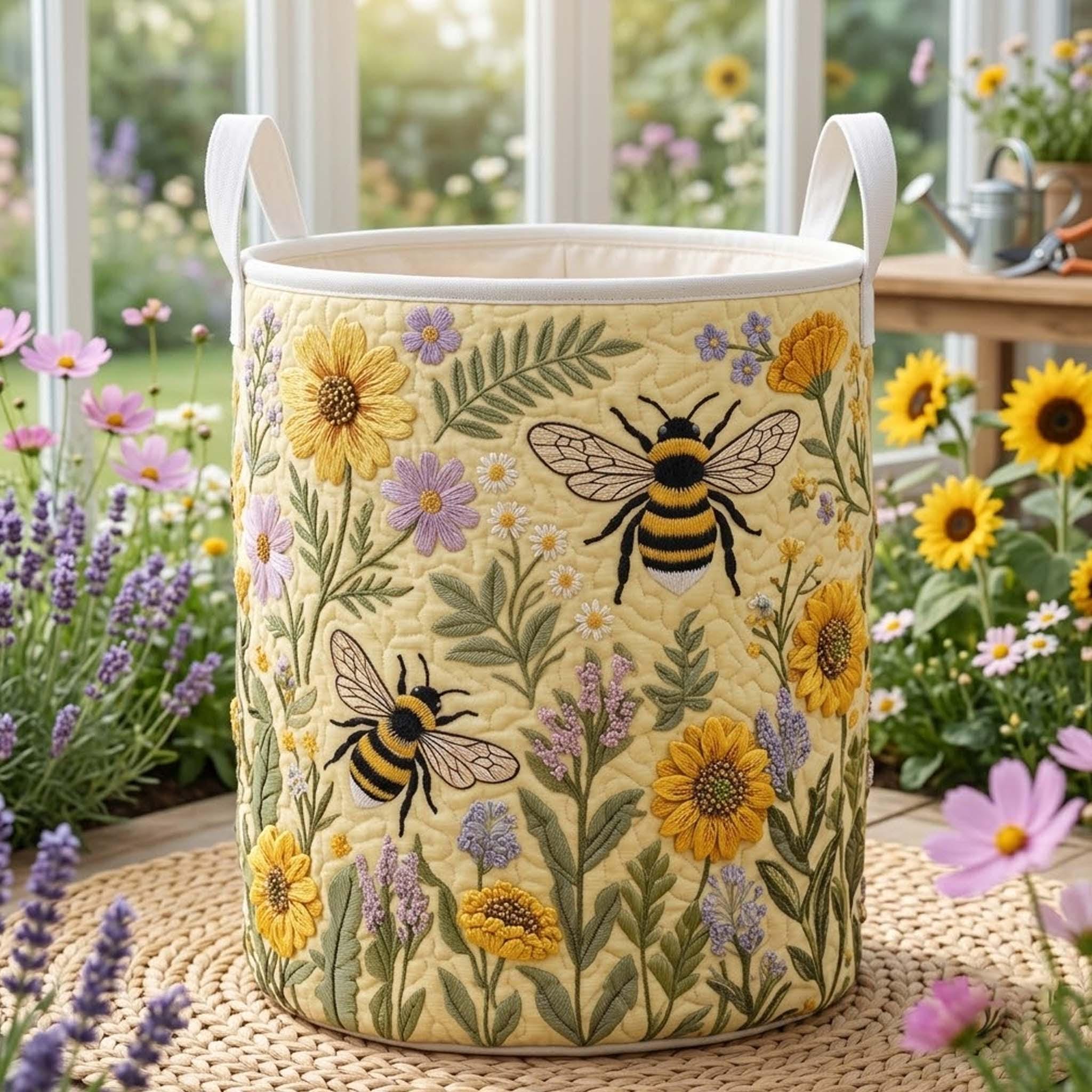 Bee Floral Quilted Laundry Basket, Bee Storage Hamper, Custom Name Laundry Bin, Nursery & Home Organizer Gift QBK02