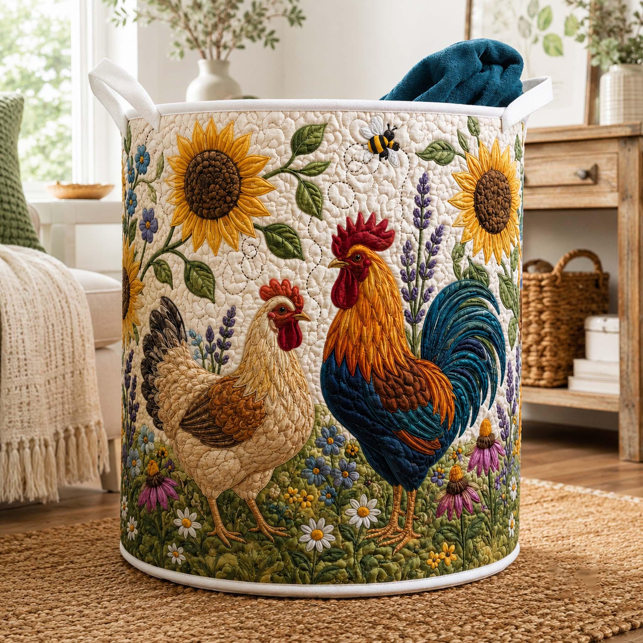 Sunflower Chicken Quilted Laundry Basket, Roaster Storage Hamper, Laundry Bin, Custom Name Nursery Organizer, Fabric Clothes Basket QBK13