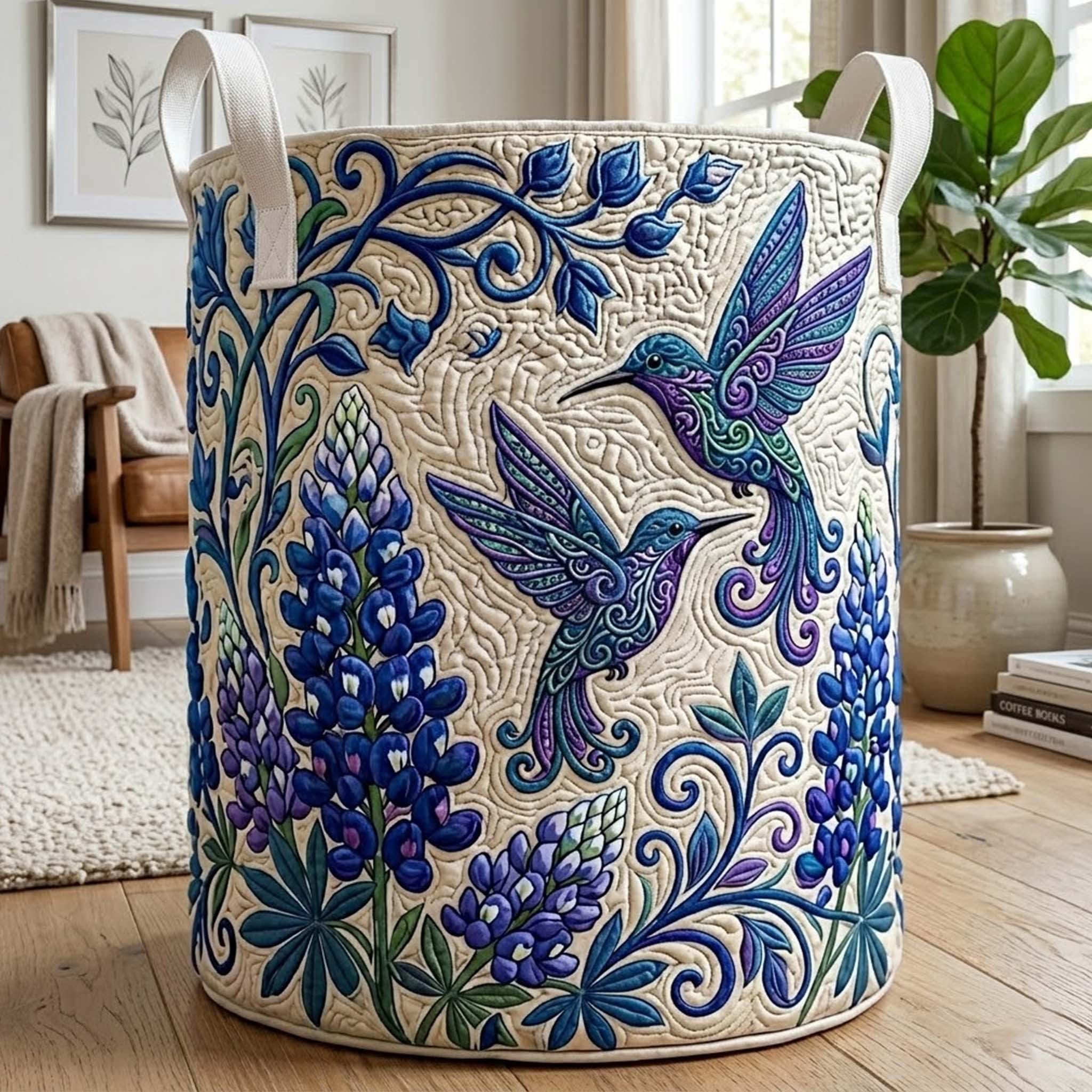 Blue Hummingbird Floral Quilted Laundry Basket, Hummingbird Storage Hamper, Laundry Bin, Custom Name Home Organizer, Housewarming Gift, Fabric Clothes Basket QBK26