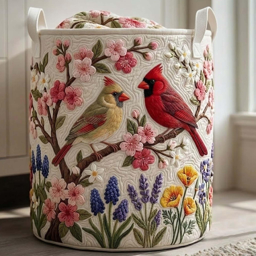 Spring Cardinals Quilted Laundry Basket, Floral Bird Storage Hamper, Laundry Bin, Custom Name Home Organizer, Housewarming Gift, Fabric Clothes Basket QBK38
