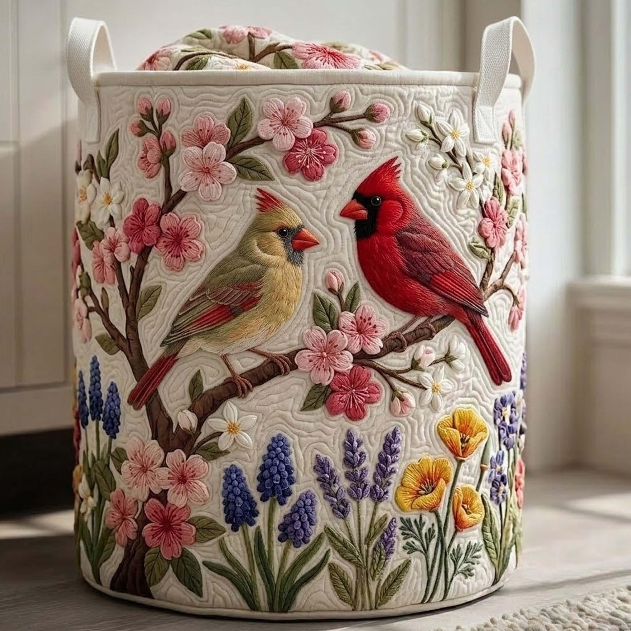 Spring Cardinals Quilted Laundry Basket, Floral Bird Storage Hamper, Laundry Bin, Custom Name Home Organizer, Housewarming Gift, Fabric Clothes Basket QBK38