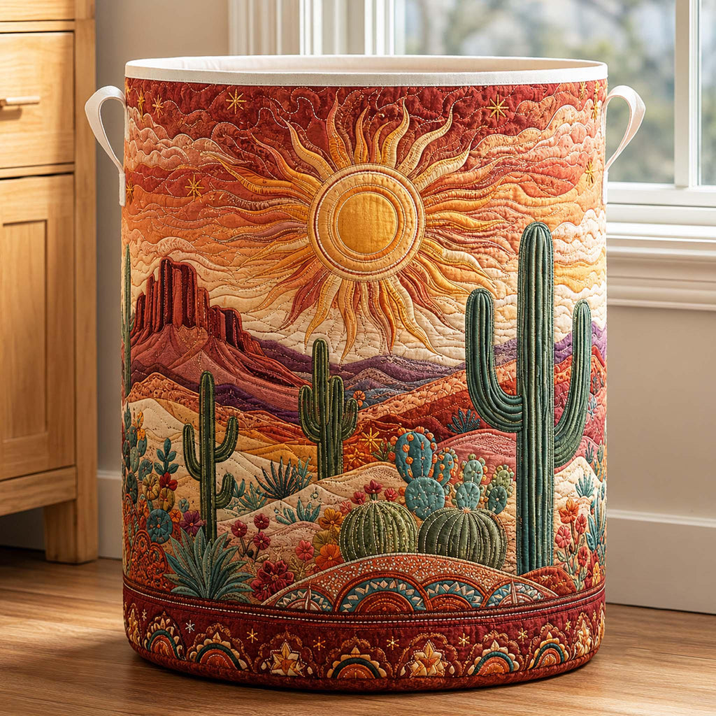Personalized Desert Sunset Quilted Laundry Basket, Southwest Cactus Storage Hamper, Boho Laundry Bin, Custom Name Nursery Organizer, Western Housewarming Gift QBK04
