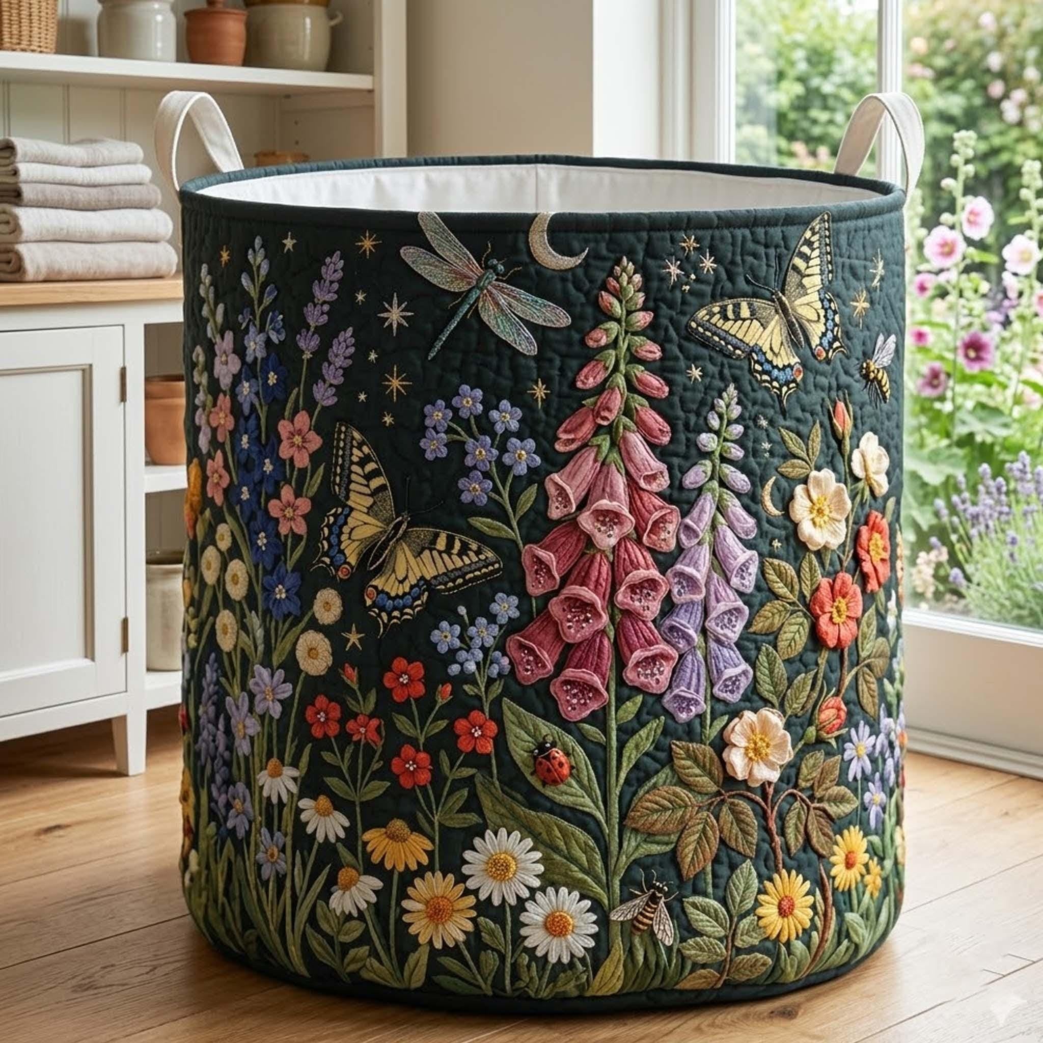 The Garden Quilted Laundry Basket, Floral Flower Storage Hamper, Laundry Bin, Custom Name Home Organizer, Housewarming Gift, Fabric Clothes Basket QBK29