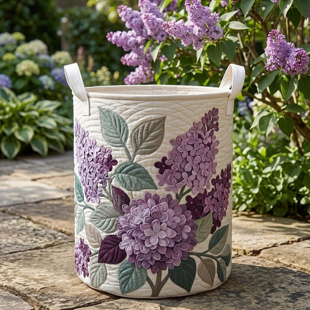 Lilac Flower Quilted Laundry Basket, Floral Storage Hamper, Laundry Bin, Custom Name Home Organizer, Housewarming Gift, Fabric Clothes Basket QBK27